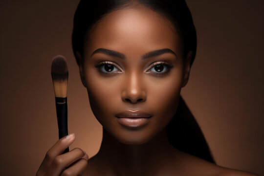 Face, makeup and brush with a woman black model applying foundation to her skin in studio for cosmetics, Portrait, wellness and luxury with an attractive young female using a cosmetic product