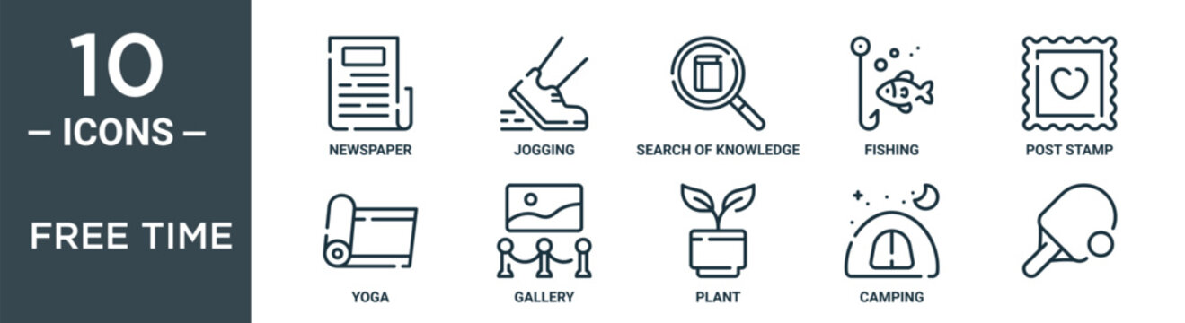 free time outline icon set includes thin line newspaper, jogging, search of knowledge, fishing, post stamp, yoga, gallery icons for report, presentation, diagram, web design