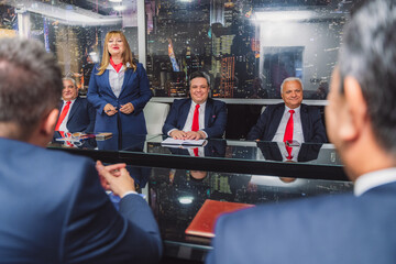 College professors listening to their senior female colleague delivering speech in meeting, gathered at table at modern office room.