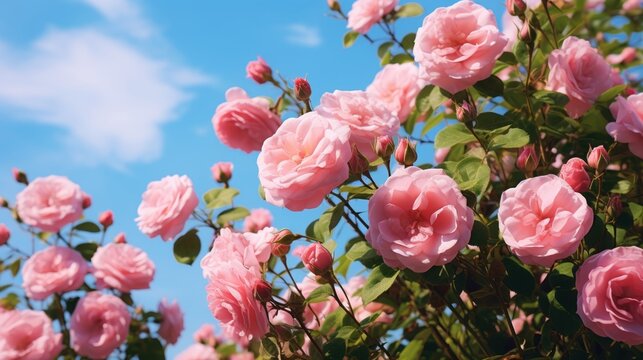 Beautiful wild pink rose flowers on a summer morning under a blue sky