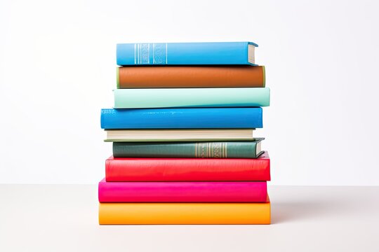 Multi-colored stack of books, white background