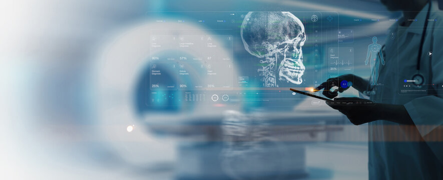 Doctor checking brain testing result with Ai computer interface, innovative technology in science and medicine concept.