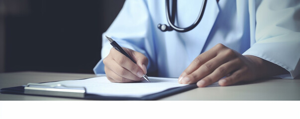 Doctor writing on a prescription note, copy space
