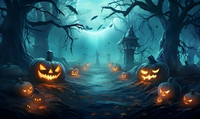 Fototapeta na wymiar halloween graveyard background with jack-o-lanterns