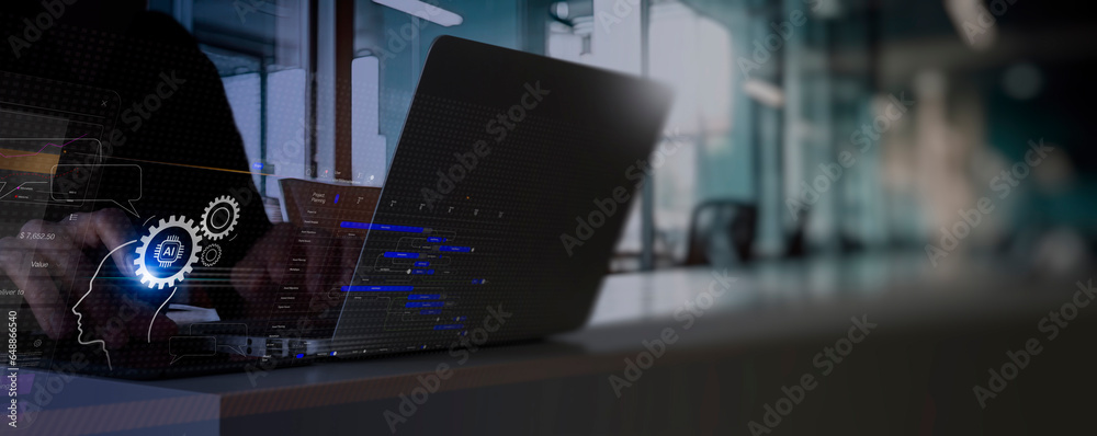 Leinwandbilder Businessman using technology smart robot for business by enter command prompt, AI, artificial intelligence, Innovation futuristic technology.Chatbot, Chat with AI, Artificial Intelligence.