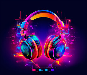 Neon glowing colorful headphones on a dark background. Generative AI.