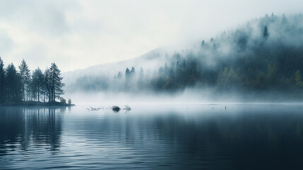 A dense fog rolling in over a tranquil lake
