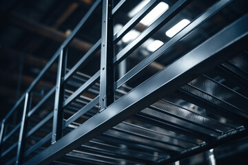 Close up view of a metal staircase in warehouse - obrazy, fototapety, plakaty