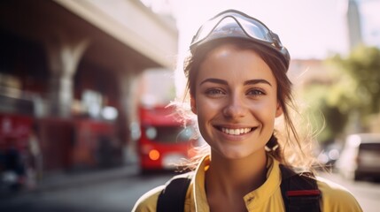 Happy woman firefighter standing next to a firetruck, outdoors. Smiling caucasian woman in a Firefighter's uniform posing in the city. Happy female worker on duty. Cheerful female worker doing her job