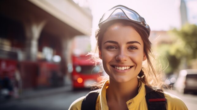 Happy woman firefighter standing next to a firetruck, outdoors. Smiling caucasian woman in a Firefighter's uniform posing in the city. Happy female worker on duty. Cheerful female worker doing her job