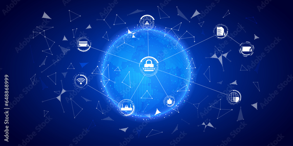 Aufkleber Technology digital cyber security IT network globalization with online blue globe data communication concept vector.	