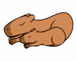Vector illustration. Capybara sleeps with her baby. Image isolated on white background. Simple design element. For advertising brochures posters menu banners of various products