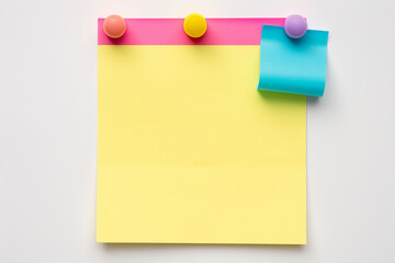 Sticky note with push pins on white background, copy space.