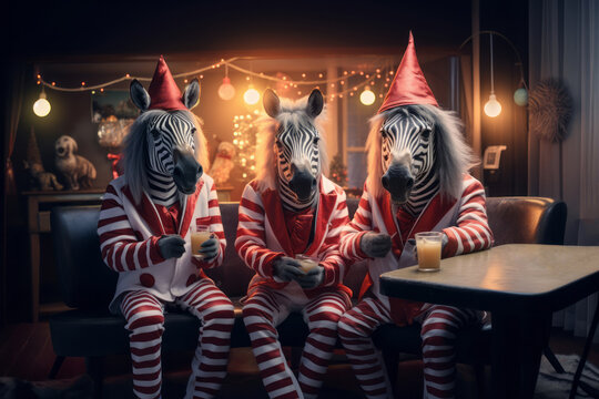 Abstract Modern Zebras Sitting In A Living Room Dressed In Christmas Suits With Christmas Hats. Animals Like Human Enjoy In New Year Party. Creative Night Concept With Shiny Light Decor.