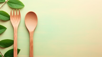 Eco friendly wooden cutlery background with free place for text. Reduce reuse recycle, plastic free concept