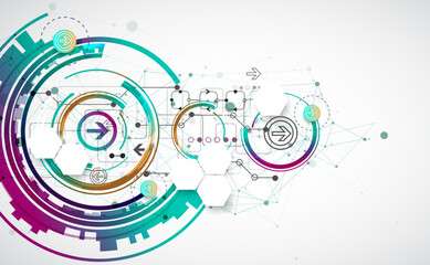 Abstract background with plexus effect. Scientific and technological concept with the use of technical elements formed in the shape of a circle.