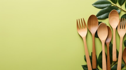 Eco friendly wooden cutlery background with free place for text. Reduce reuse recycle, plastic free concept - obrazy, fototapety, plakaty