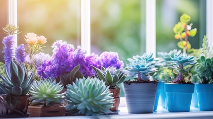 House plants on window. Cactus, blue flower, violet, carnation, succulent, cala. Home flower beckground