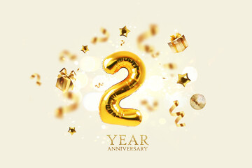 Gold festive balloons 2 year anniversary with golden confetti, presents, mirror ball and stars fly...