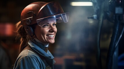 Happy Woman worker standing in a factory. Industrial background. Portrait of a smiling Young Caucasian female employee working in a factory. Girl wearing a protective helmet in a workshop.