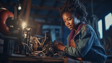 Portrait of an African female worker in a factory.  Industrial background. Young African woman employee in the workshop. Girl working in a manufacturing workshop, on an assembly line.