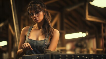 Fototapeta na wymiar Portrait of a hot woman worker in a workshop. Industrial background. Sexy young Caucasian woman wearing glasses working in a factory. Girl working in a manufacturing workshop.