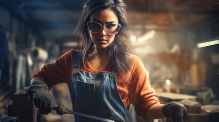 Naklejka premium Portrait of a hot woman worker in a workshop. Industrial background. Sexy young Caucasian woman wearing glasses working in a factory. Girl working in a manufacturing workshop.