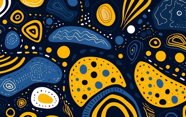 Colorful abstract art and patterns, in a unique doodle style, drak navy and yellow