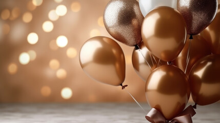 Golden balloons with ribbon on bokeh background