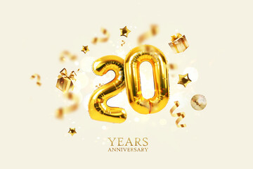 Gold festive balloons 20 years anniversary with golden confetti, presents, mirror ball and stars...