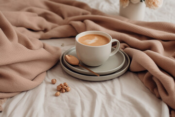 Cup of coffee on tray with knitted plaid on bed