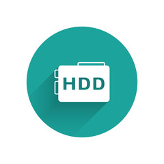 White Hard disk drive HDD icon isolated with long shadow background. Green circle button. Vector