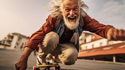 Senior man riding a skateboard on the street. He is looking at camera and smiling. - obrazy, fototapety, plakaty