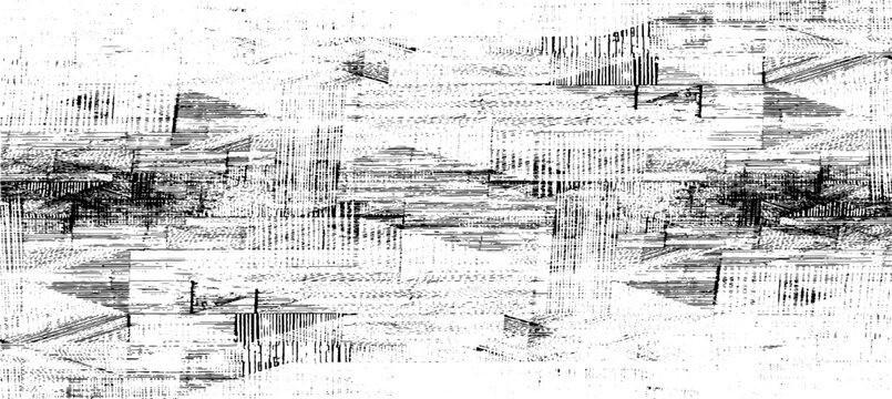 Monochrome texture composed of irregular graphic elements. Distressed uneven grunge background. Abstract vector illustration. Overlay for interesting effect and depth. Isolated on white background.