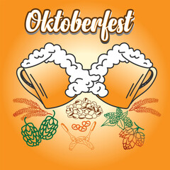 Oktoberfest German traditional beer festival banner. Octoberfest festival symbols.  Oktoberfest background.  Full glass of beer with foam, pretzel loaf and wheat ears for October fest holiday.