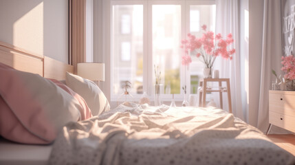 Interior of a bedroom with a double bed and flowers. 