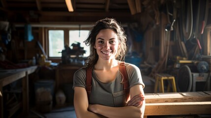 Fototapeta na wymiar Portrait of a smiling female carpenter standing in a workshop. Happy smiling young caucasian woman employee in the carpentry factory. Girl working in an industrial workshop..