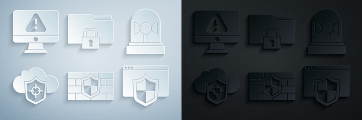 Set Shield with brick wall, Flasher siren, Cloud and shield, Browser, Folder lock and Monitor exclamation mark icon. Vector