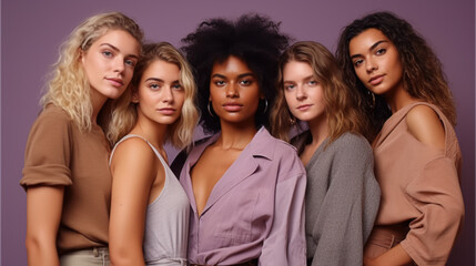 Fototapeta premium Portrait of a group of diverse women posing together over purple background