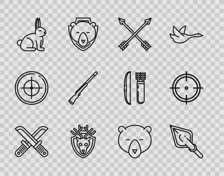 Set line Crossed hunter knife, Hipster arrow tip, arrows, Deer head with antlers on shield, Rabbit, Hunting gun, Bear and Target sport for shooting competition icon. Vector