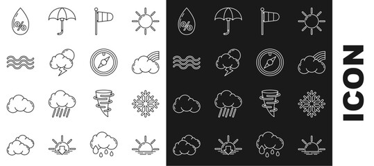 Set line Sunrise, Snowflake, Rainbow with clouds, Cone meteorology windsock wind vane, Storm, Waves, Water drop percentage and Wind rose icon. Vector - obrazy, fototapety, plakaty