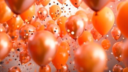 Flying orange and red balloons with confetti.