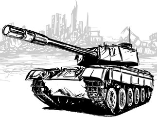 Vector flat engraving in monochrome portraying an image of a tank against a toned backdrop of destroyed edifices