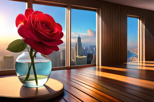 a rose flower, place in a vase, on a wooden surface, near an open window