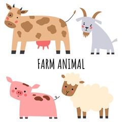 Farm animals set in flat style. Cute cartoon animals: sheep, goat, cow, pig.