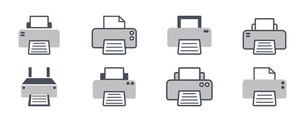 Set of printer vector icons. Print Out document. Printer and paper. Vector 10 Eps.