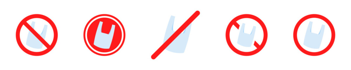 Set of no plastic bags vector icons. Stop plastic waste. Forbid polythene. Vector 10 Eps.