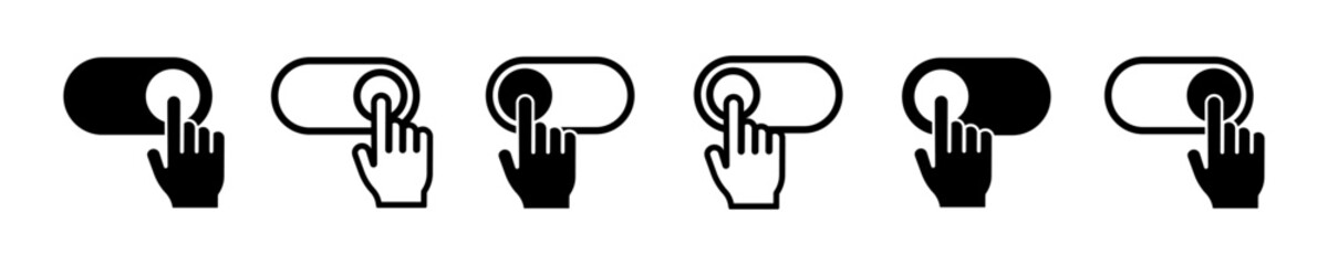 Set of finger on switches vector icons. Hand dragging slider. Off and on button. Vector 10 Eps.