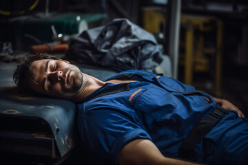 Blue collar worker lying down unconscious due to his injury at work and dizziness