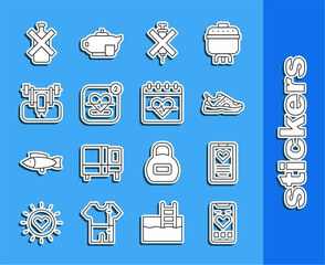 Set line Mobile with heart rate, Medical clipboard, Sport sneakers, No doping syringe, Bench barbel, alcohol and Heart icon. Vector